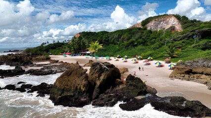 Tambaba Beach In Conde Paraiba Brazil. Bird Eye View Of A Amazing Coastal Beach In The Summer Holiday. Shore Horizon Beach Sea. Outdoors Beach Panorama. Conde Paraiba.