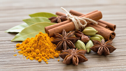 Vibrant turmeric powder, aromatic cinnamon sticks, star anise, cardamom pods, and bay leaves arranged artfully on a wooden surface