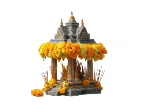 Ornate Thai Spirit House Decorated with Marigolds and Incense Sticks