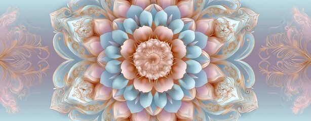 An elegant, wide-format mandala pattern featuring intricate, concentric floral designs in soft pastel tones of pink, blue, and gold, perfect for a peaceful and decorative background.