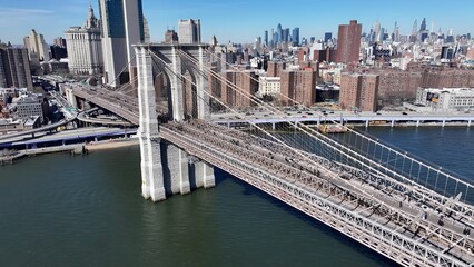 Brooklyn Bridge In Manhattan New York United States. Elevated Road Bridge Symbol Of The City Viewed...