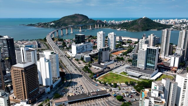 Fototapeta Third Bridge In Vitoria Espirito Santo Brazil. Bridge Showcasing The Traffic Flowing Across In The City. Business Sky Downtown Cityscape. Business Panning Wide. Vitoria Espirito Santo.