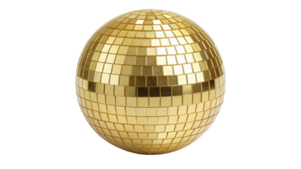 Golden disco ball reflecting light isolated on transparent background
