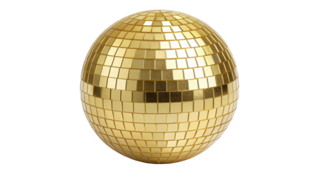 Golden disco ball reflecting light isolated on transparent background - Powered by Adobe