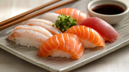 Sushi and sashimi food poster mockup with soy sauce and chopsticks