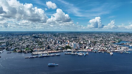 Port Of Manaus In Manaus Amazonas Brazil. Boat Sailing In The Summer Landscape Viewed From Above....