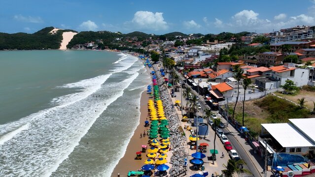 Bald Hill In Natal Rio Grande Do Norte Brazil. Bustling Downtown Cityscape With Modern Buildings. Shore Sky Clouds Beach Sea. Seaside Panorama. Natal Rio Grande do Norte.
