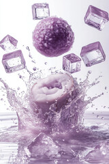 taro ball in coconut milk flying with ice cubes, isolated on white background