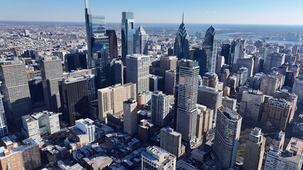 Downtown Philadelphia In Philadelphia Pennsylvania United States. Bustling Downtown Cityscape With Modern Buildings. Business Sky Clouds Downtown Cityscape. Outdoor Downtown Panning Wide.