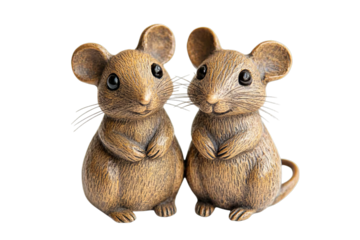 Two adorable small brown mice figurines standing together isolated on transparent background