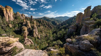 Fototapeta premium Breathtaking view of unique rock formations nestled in a verdant valley beneath a vibrant sky