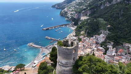 Amalfi Coast In Amalfi Salerno Italy. Breathtaking Aerial View Of A Lush Tropical Coastline Scenery. Island Life Landscape Peaceful Beautiful. Island Life Watercolor Coast. Amalfi Salerno.