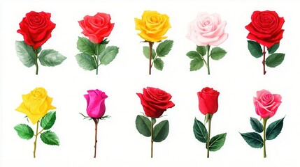 Variety of colorful roses isolated on white background