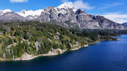 Fototapeta premium Bariloche Skyline In San Carlos De Bariloche Rio Negro Argentina. Stunning Countryside Life Landscape Viewed From Above. Snowy Lake Iceland Frozen.