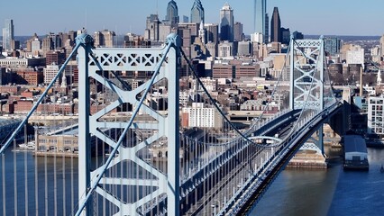 Cable Bridge In Philadelphia Pennsylvania United States. Traffic Is Moving Across A Modern...