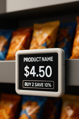 Digital Price Tag Displaying Discount On Retail Shelf With Snack Background In Grocery Store