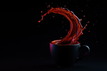Dynamic Coffee Splash In A Dark Cup Against A Dark Backdrop With Vibrant Colors