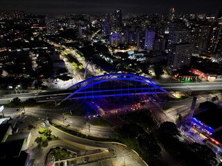 Night Metal Bridge In Osasco Sao Paulo Brazil. Bridge Showcasing The Traffic Flowing Across In The...