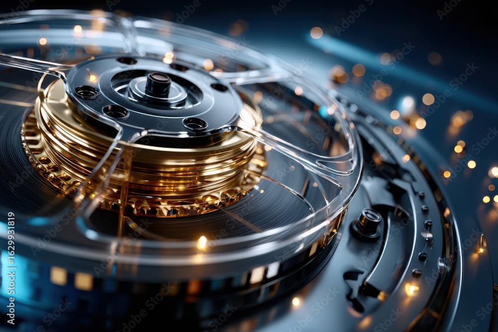 Poster close-up view of a detailed mechanical component with intricate design and lighting effects