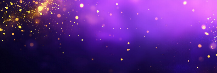 abstract background with purple and gold particle. Golden light shine particles bokeh on purple background.