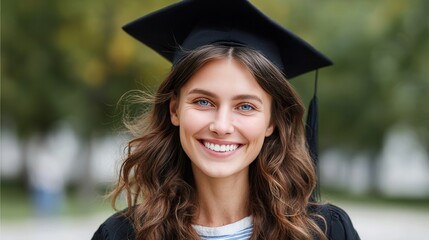 Graduation day portrait of happy young woman in cap gown