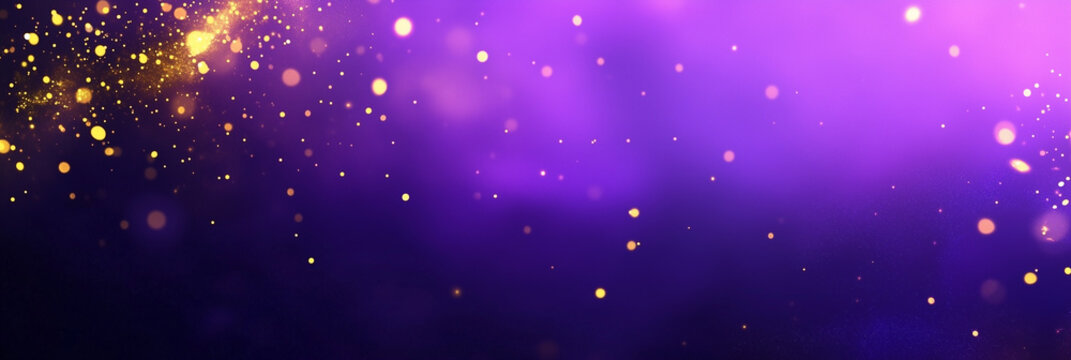 abstract background with purple and gold particle. Golden light shine particles bokeh on purple background.