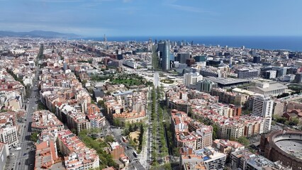 Glories Tower In Barcelona Spain. Amazing Skysrapers And Traffic On Street Viewed From Above. Town Sky Backgrounds Urban. Town Outdoor Panning Wide. Barcelona Spain.