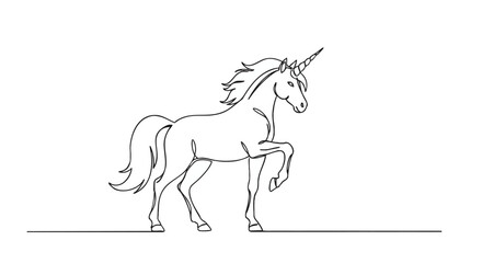 Single continuous line drawing of a unicorn standing on a line, facing right, with flowing mane and tail, against a white background.