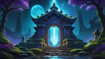 An ancient stone gateway glowing with a magical blue light, a fantasy portal in an enchanted moonlit forest.