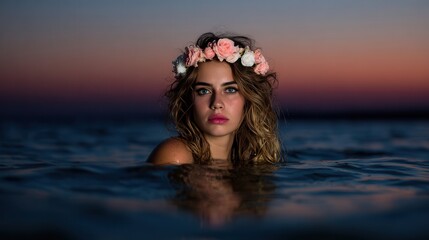 Woman wearing floral crown in serene ocean at sunset
