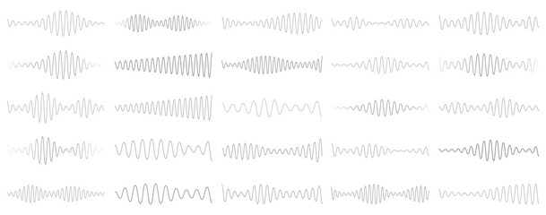 Voice assistant icon set. Voice recognition symbol. Audio wave vector illustration. Sound frequency sign. Podcast sound waves set. Music wave line sound one noise icon audio frequency signal vector.
