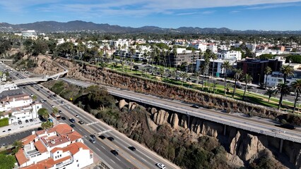 Santa Monica In Los Angeles California United States. Aerial View Of A Bustling City With High-Rise Buildings And Traffic. Shore Sky Clouds Beach Sea. Seaside Panorama. Los Angeles California.