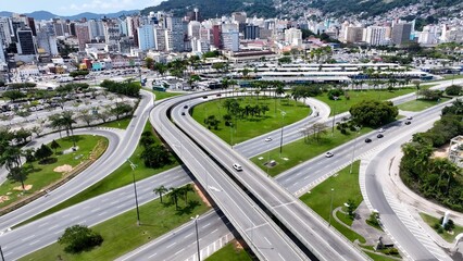 Florianopolis Skyline In Florianopolis Santa Catarina Brazil. Powerful Landscape Of The Vehicles In A Famous Road . Business Sky Clouds Downtown Cityscape. Outdoor Downtown Panning Wide.