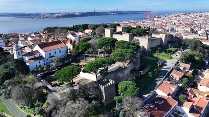 Sao Jorge Castle In Lisbon Portugal. Birds Eye View Of Medieval Building In Famous District Of...