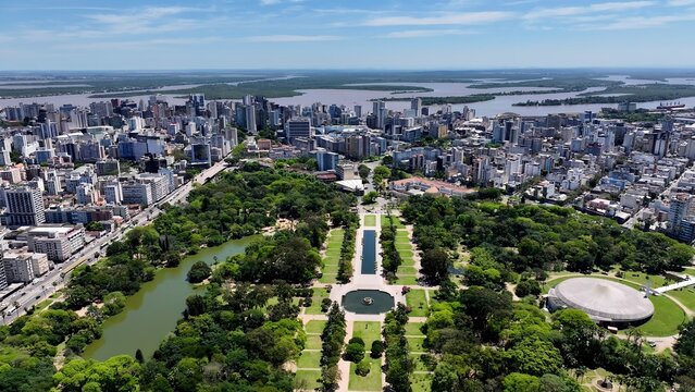 Porto Alegre Skyline In Porto Alegre Rio Grande Do Sul Brazil. Drone Captures A Garden With Sidewalks Surrounded By Lush Trees. Metropolitan Skyline Panoramic City View Stunning.