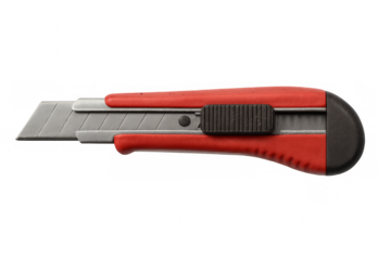 Red utility knife with retracted blade on transparent background