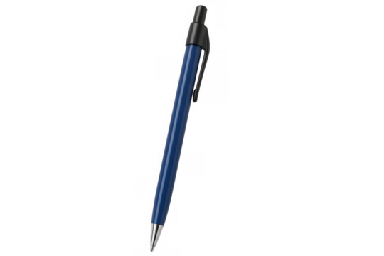 Blue pen floating on transparent background ready for writing