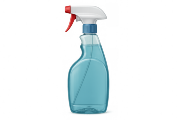 Blue plastic spray bottle on transparent background for cleaning and disinfecting