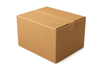 Closed cardboard box with adhesive tape on transparent background