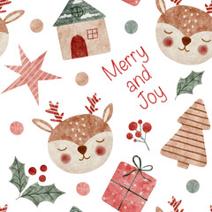 Cozy Christmas pattern with cute reindeer and rustic houses.
Watercolor texture adds charm to festive design.
Includes trees, berries, stars, and wrapping gifts.