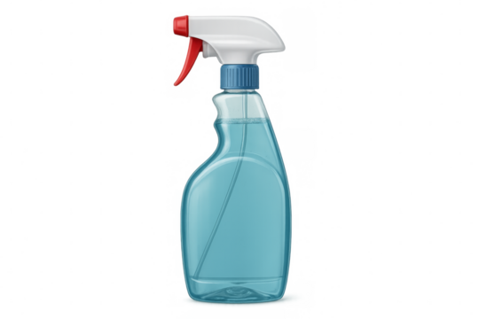 Blue plastic spray bottle on transparent background for cleaning and disinfecting