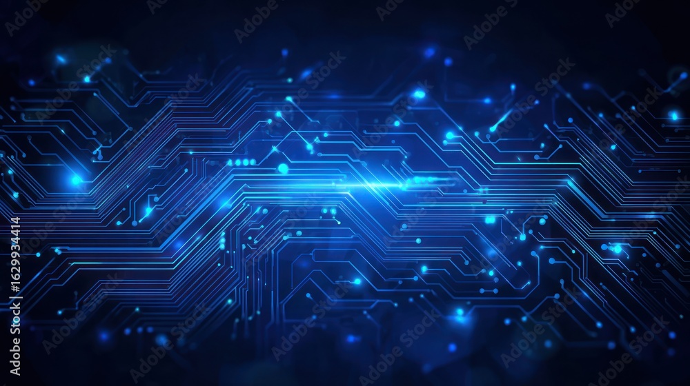 Poster abstract image of bright blue interconnected circuit patterns against a dark background