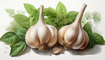 Two whole garlic bulbs rest on fresh green leaves, showcasing their papery white skins illustration. The image emphasizes their natural texture and culinary importance.