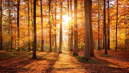 beautiful autumn forest with golden sunlight filtering through vibrant orange leaves and tall trees