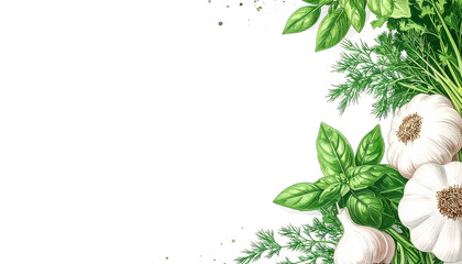 Fresh garlic bulbs and green herbs are arranged neatly, culinary freshness, aroma, and natural beauty, simplicity, vitality,  rustic charm. Illustration isolated with free space for text.