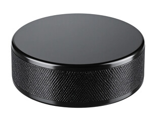 A - Black Ice Hockey Puck on Clean Surface, Front View, Isolated on Transparent Background