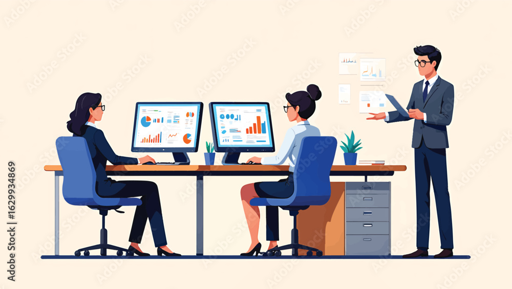 Poster Business team working on data analysis with charts and graphs on computer screens vector illustration.