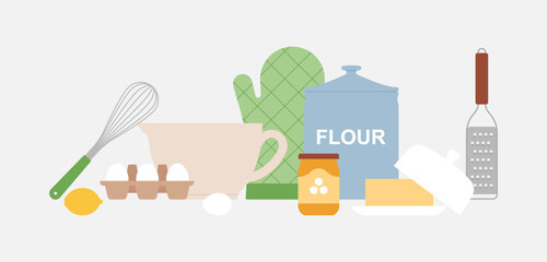 Baking ingredients and utensils including flour, egg, butter, honey, lemon, bowl, whisk, glove and grater, set. Cozy home cooking scene. Simple illustration, stock flat vector, isolated.