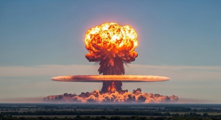 Explosi&oacute;n nuclear con nube en forma de hongo sobre paisaje rural bajo cielo despejado durante una prueba o simulaci&oacute;n militar