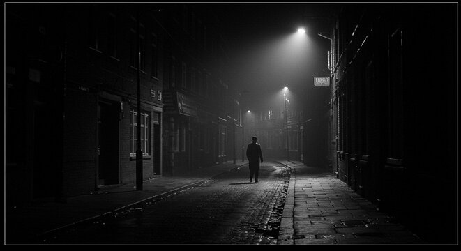 A lone figure walks down a dimly lit alleyway at night with streetlights casting shadows on the buildings and pavement.